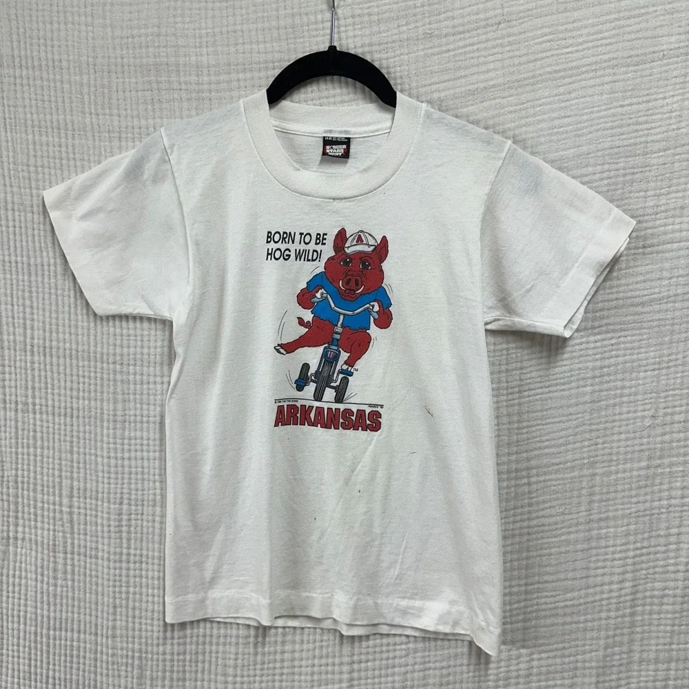 Vtg 90s Youth Arkansas Razorbacks USA Made T Shirt 14/16 measures Small flawed
